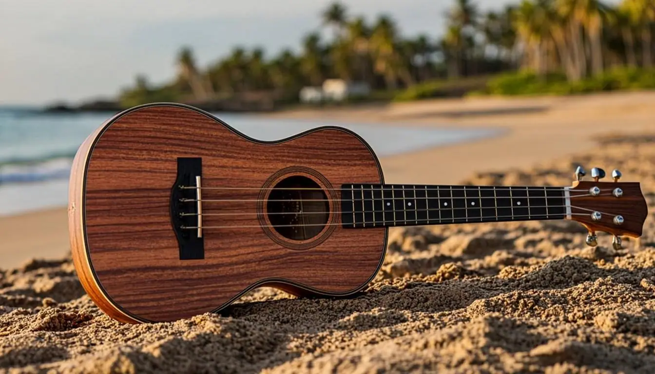 A classic soprano ukulele made of Hawaiian koa wood resting on warm sand
