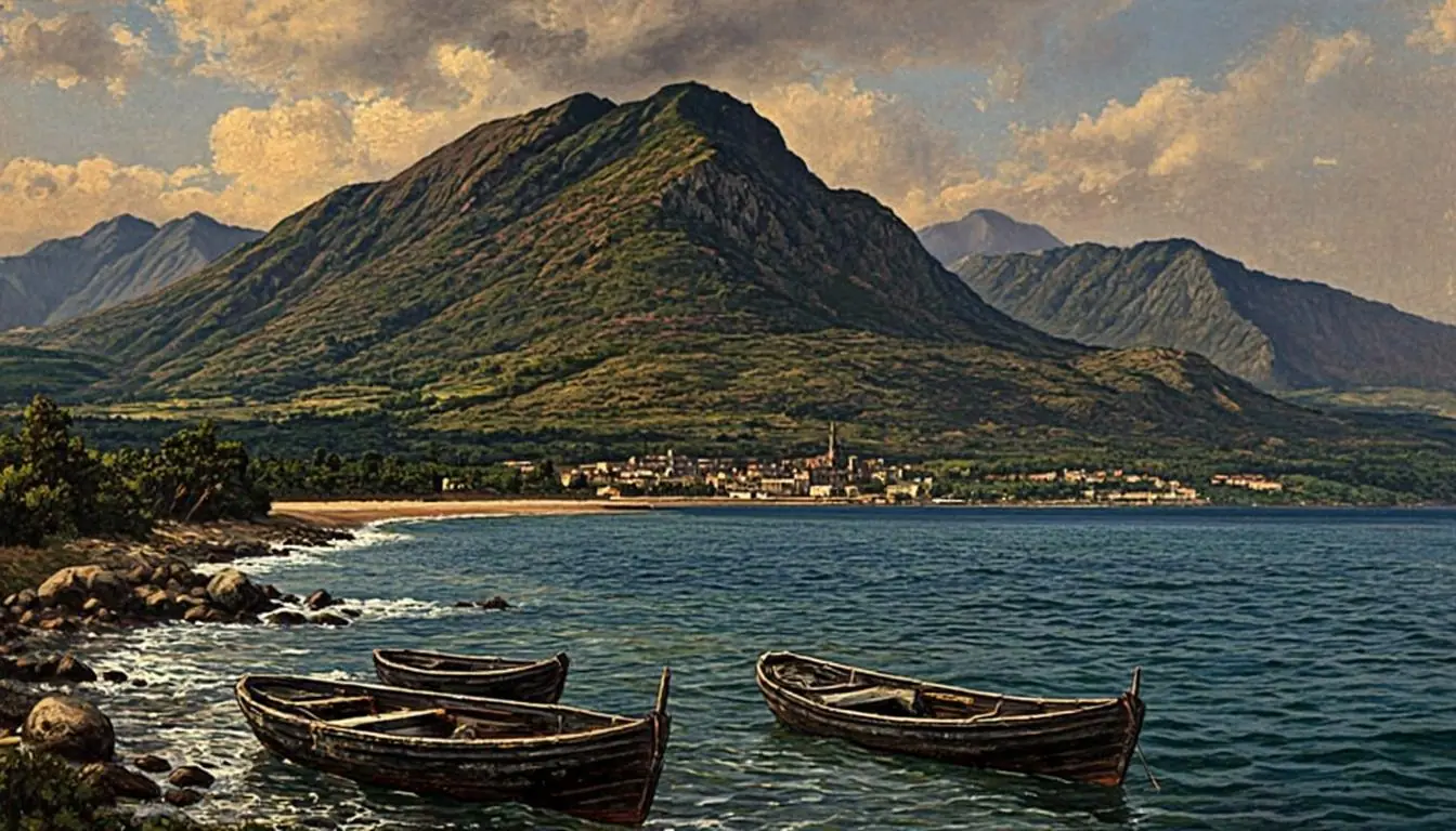 Madeira island, Portugal — volcanic landscape and Funchal harbor in the 1870s